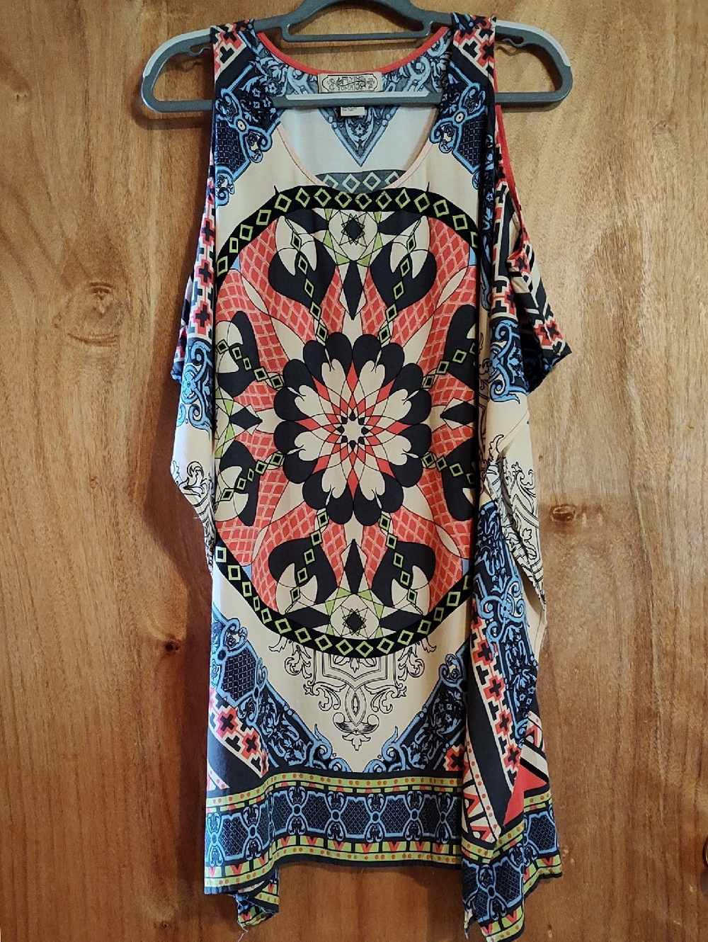 Flying Tomato Boho Tunic Scarf Print Coral Blue Cold Shoulder Poncho Beach Large